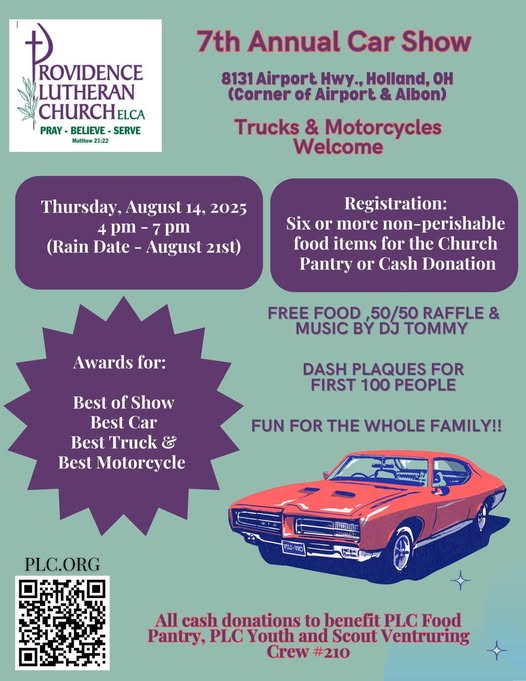 Flyer for Providence Lutheran Church ELCA 7th Annual Car Show