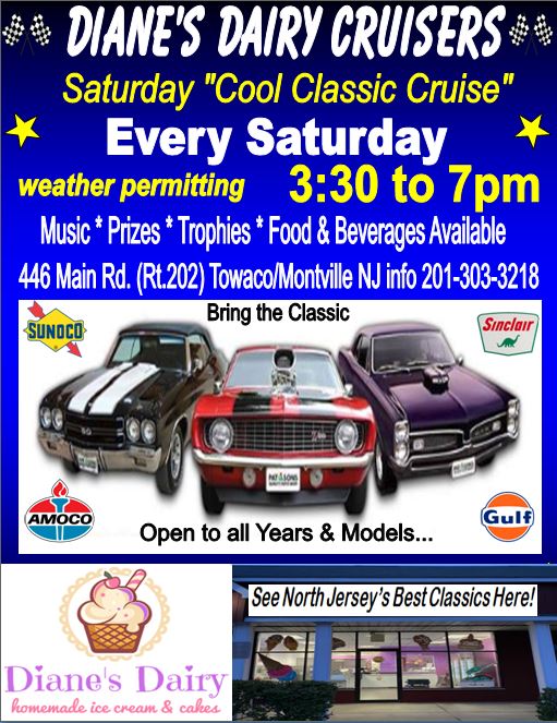 Flyer for Northern New Jersey: Diane’s Dairy Cruise Night. Every Saturday evening.