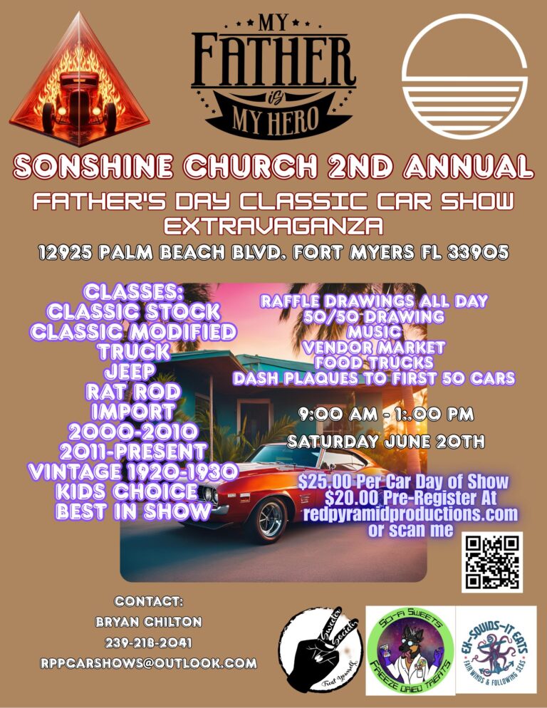 Flyer for Sonshine Church 2nd Annual Father’s Day Classic Car Show Extravaganza
