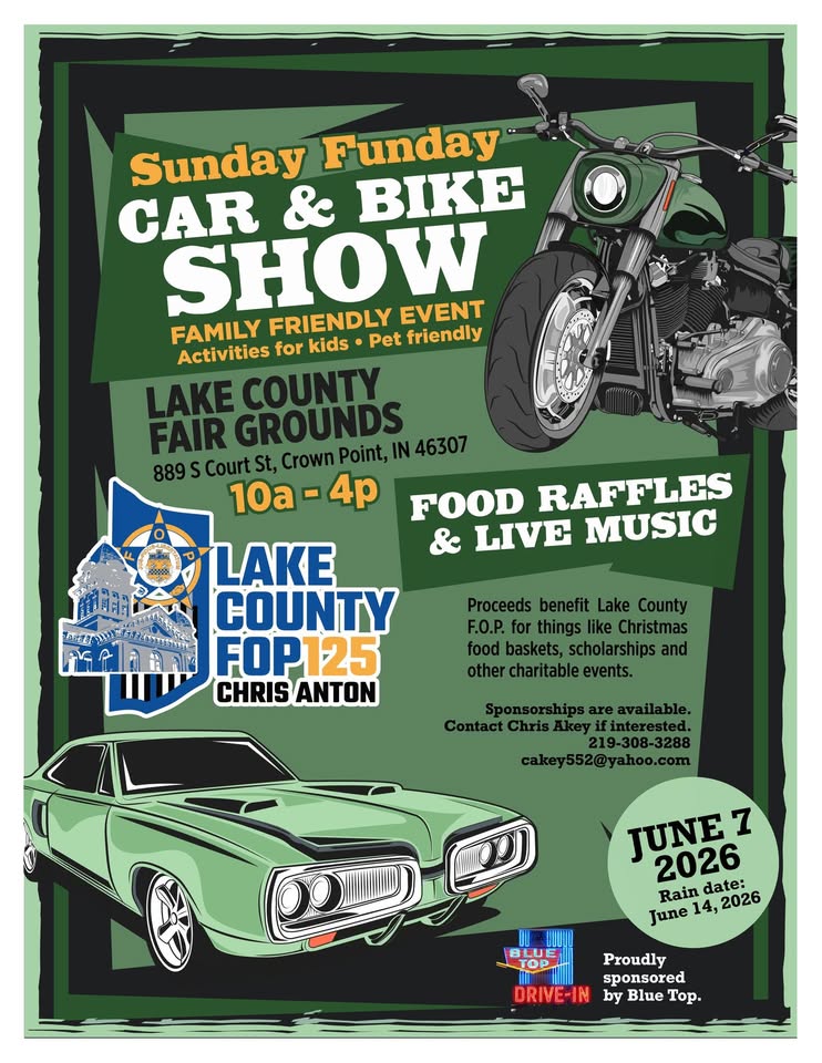 Flyer for LAKE COUNTY FOP SUNDAY FUNDAY CAR SHOW 2026
