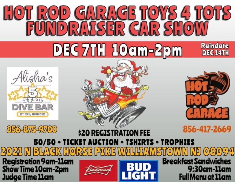 Flyer for HOT ROD GARAGE TOYS 4 TOTS FUNDRAISER CAR SHOW