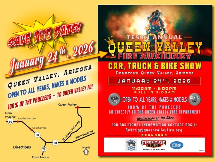 Flyer for Tenth Annual Queen Valley Fire Auxiliary Car, Truck & Bike Show
