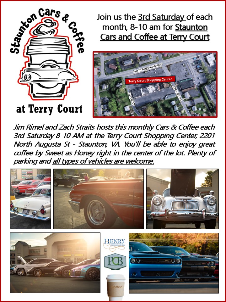 Flyer for 3rd Saturday Staunton Cars and Coffee at Terry Court