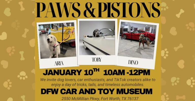 Flyer for Paws & Pistons at the DFW Car & Toy Museum