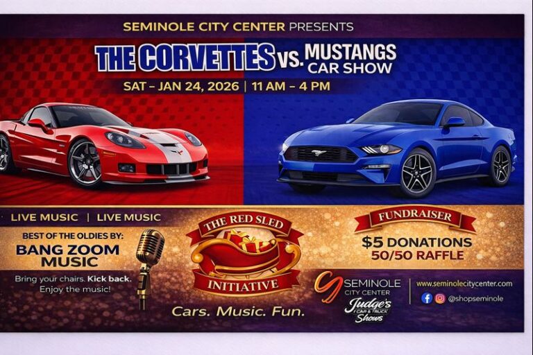 Flyer for The Corvettes vs. Mustangs Car Show Presented by Seminole City Center: Cars. Music. Fun.