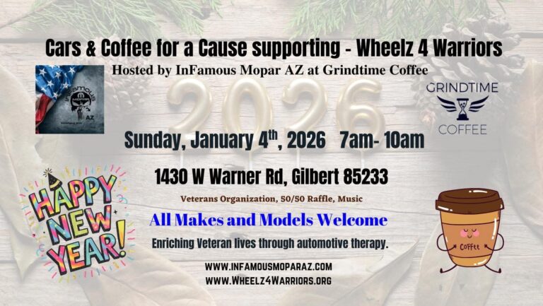 Flyer for Cars & Coffee for a Cause supporting – Wheelz 4 Warriors