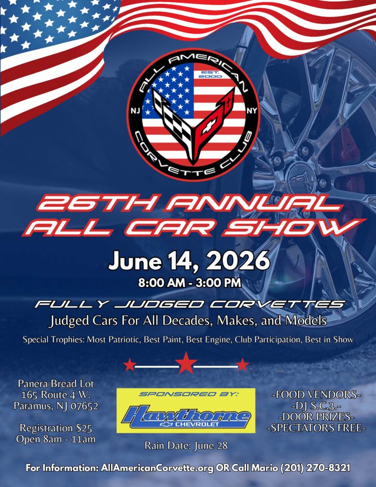 Flyer for 2026 All American Corvette Club’s 26th Annual Car Show