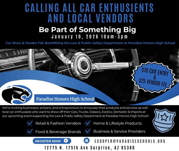 Flyer for Paradise Honors High School Car Show & Vendor Fair