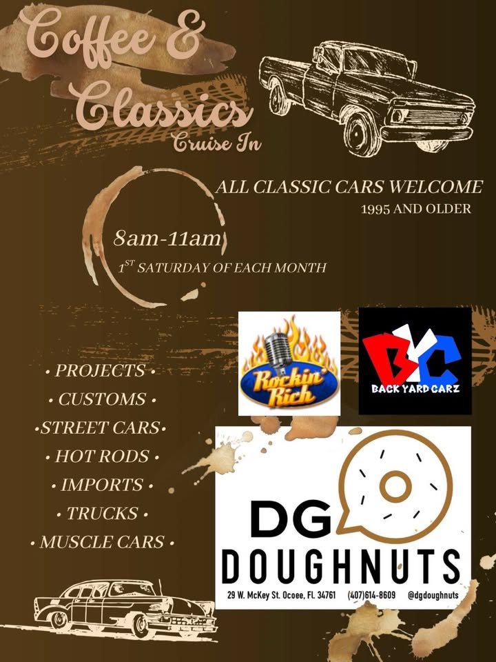 Flyer for Coffee & Classics at DG Doughnuts with Backyard Carz & DJ Rockin Rich