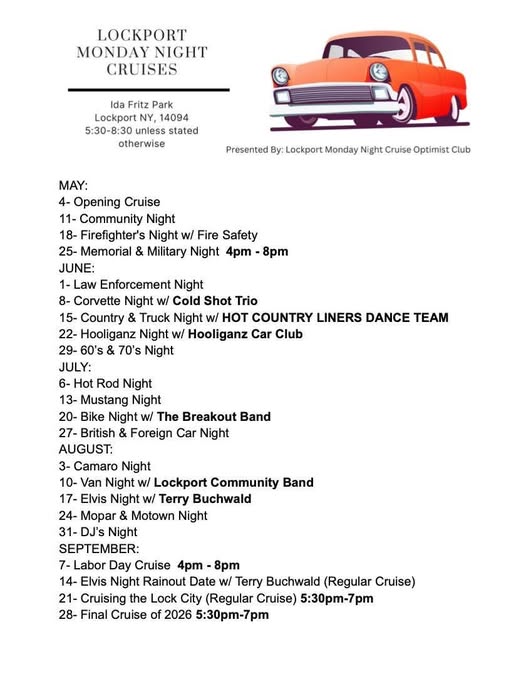 Flyer for Lockport Monday Night Cruises