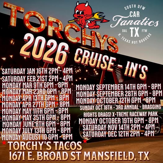 Flyer for South DFW Car Fanatics – Torchy’s Hot Rod Cruise-In