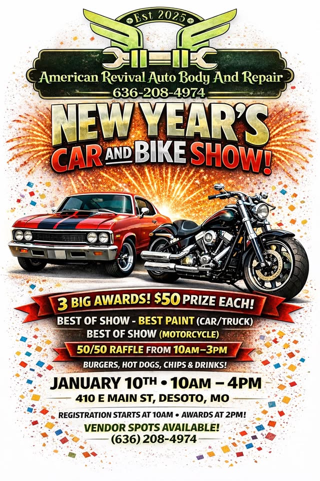 Flyer for 2026 New years Car and bike show!
