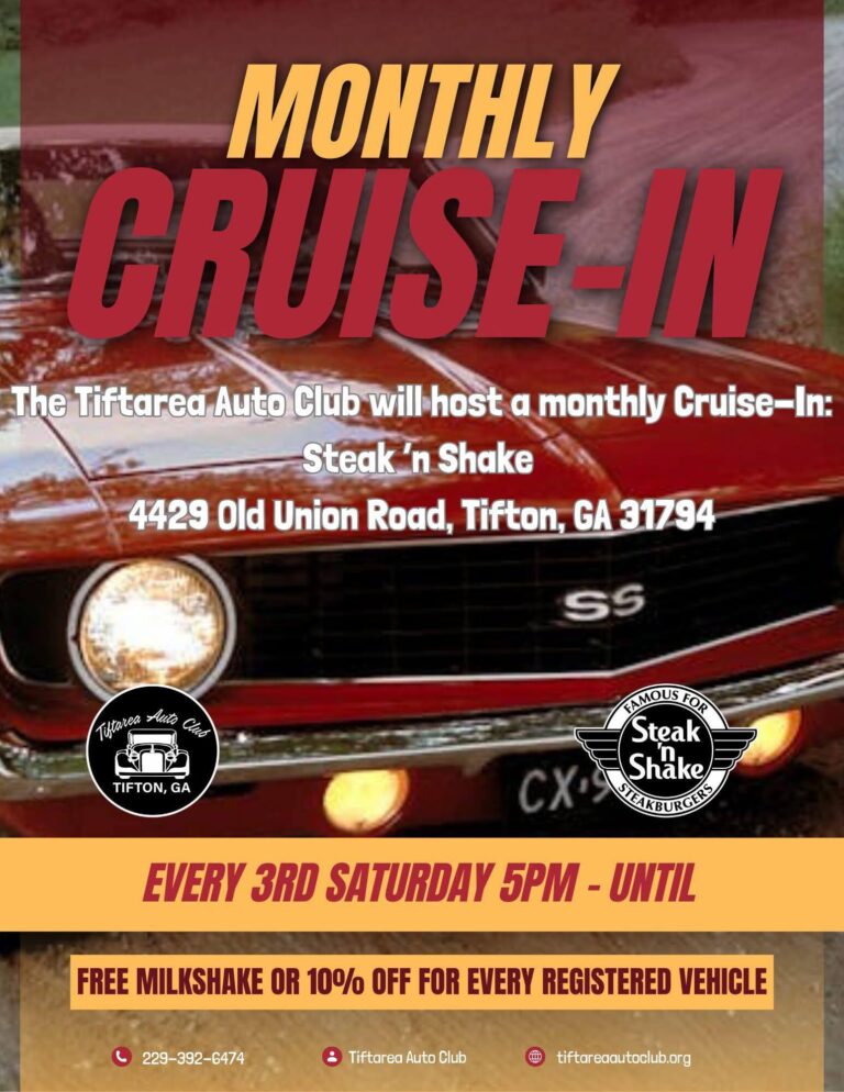 Flyer for Tiftarea Auto Club Monthly Cruise-In