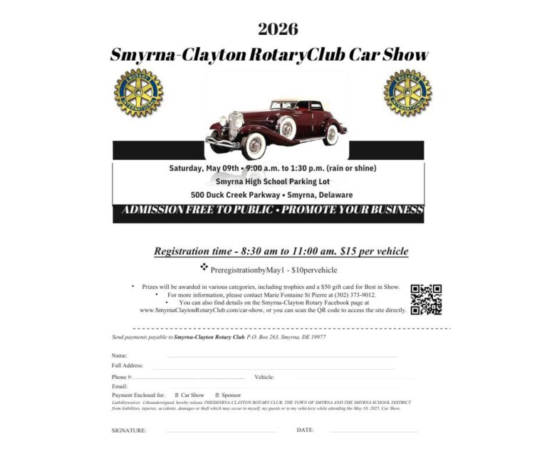 Flyer for 2026, Smyrna/Clayton Rotary Club Car Show!