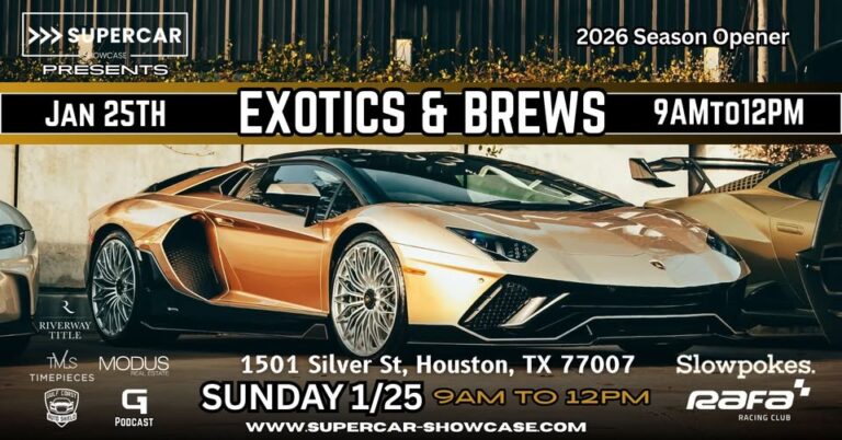 Flyer for Supercar Showcase – Exotics & Brews Car Meet at Sawyer Yards – Cars + Coffee – 2026 Season Opener