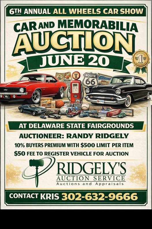 Flyer for 6th Annual All Wheels Car Show Car and Memorabilia Auction
