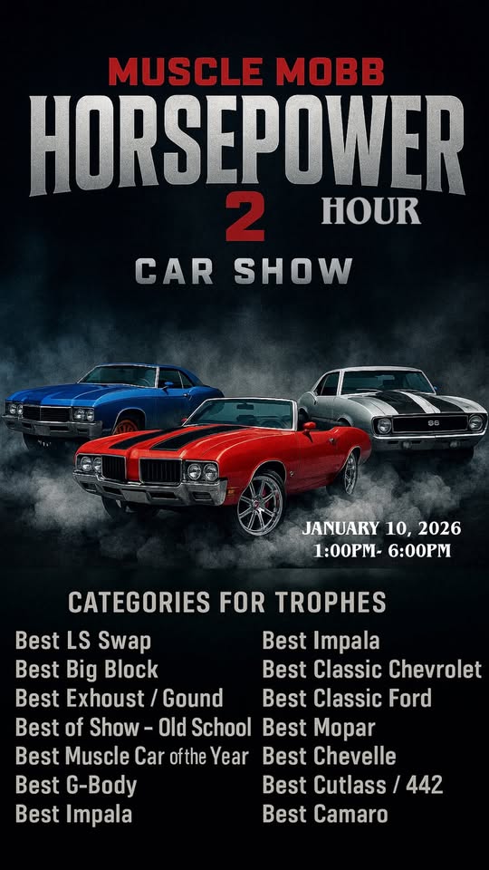 Flyer for Muscle Mobb Car Club Horsepower Hour 2