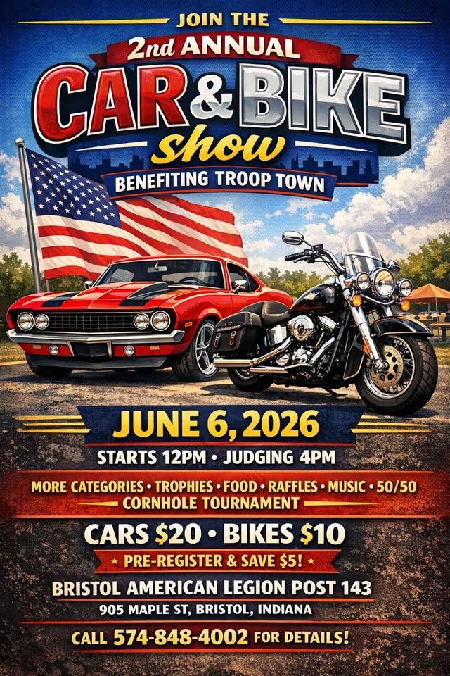 Flyer for 2nd Annual Car and Bike Show benefiting Troop Town