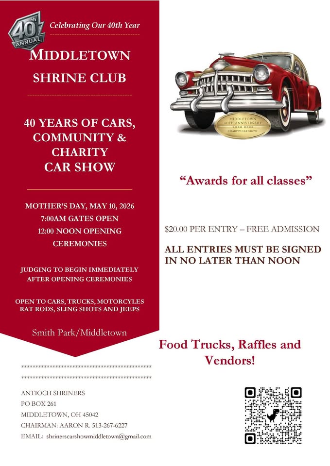 Flyer for 40th Annual Middletown Shrine Club Mothers Day Car Show