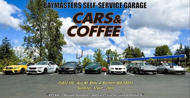 Flyer for Cars & Coffee @ BayMasters Self-Service Garage