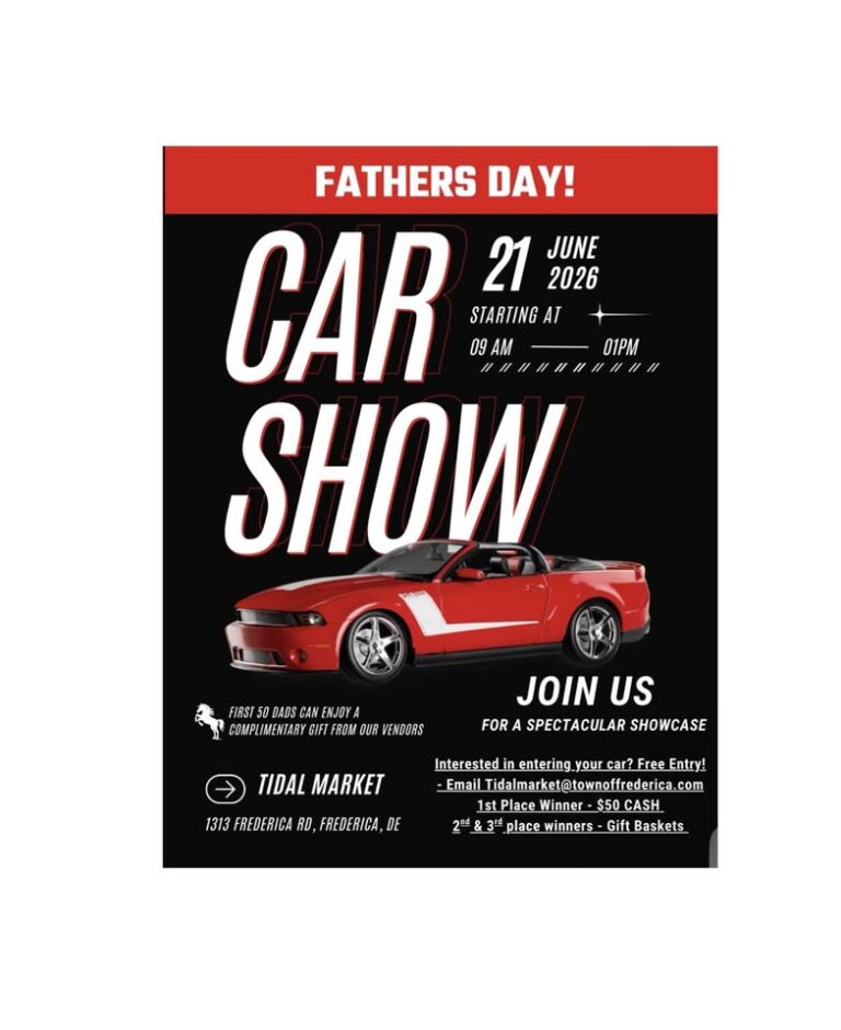 Flyer for Tidal Farmer’s Market & Father’s Day Car Show – June 21st