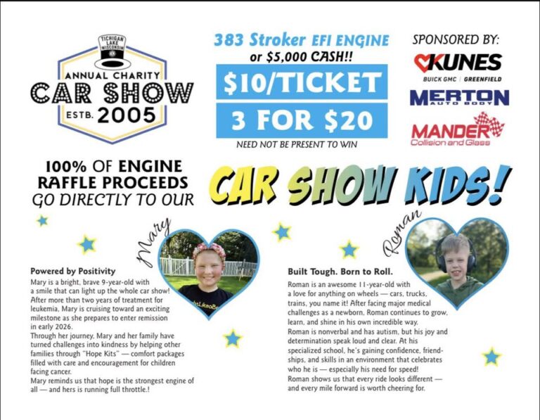 Flyer for 21st Annual Tichigan Lake Lions Club Charity Car Show