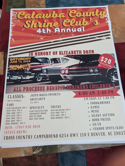 Flyer for Catawba County Shrine Club’s 4th Annual Car, Truck, Bike, and Golf Cart Show