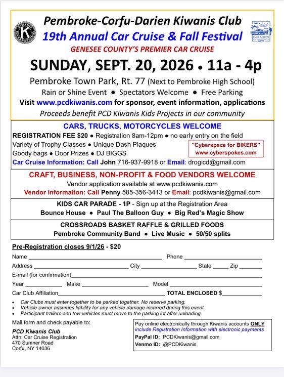 Flyer for PCD Kiwanis 19th Annual Car Cruise and Fall Festival