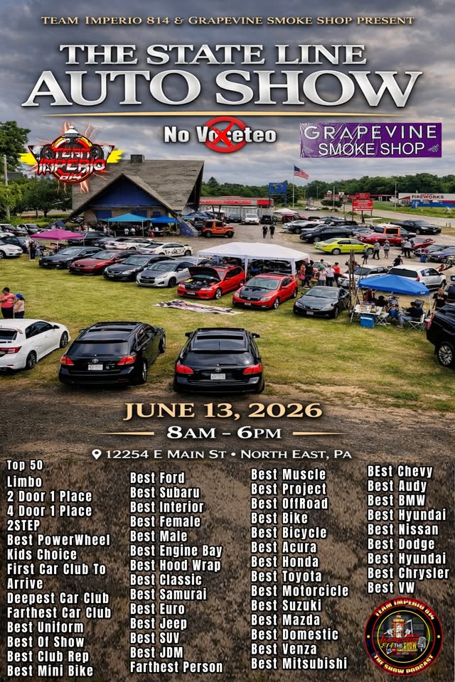 Flyer for The State Line Autoshow By Team Imperio 814 & Grapevine Smoke Shop