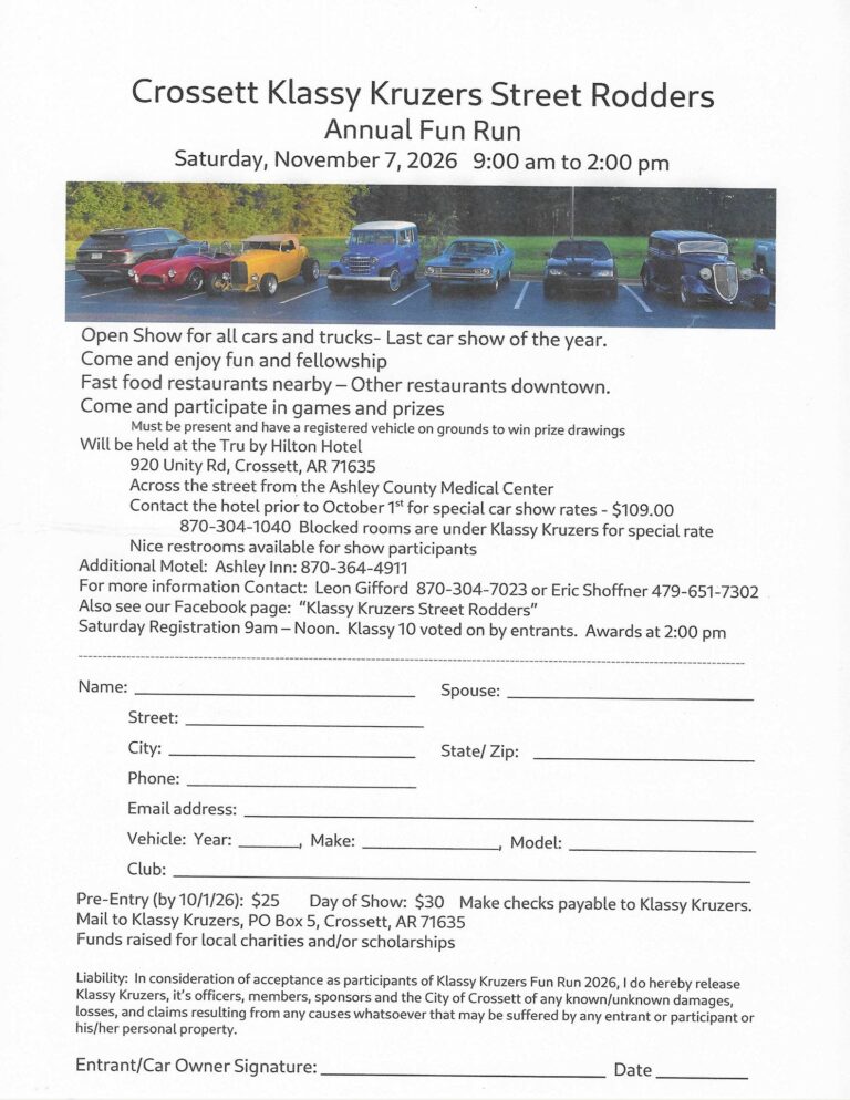 Flyer for Crossett Klassy Kruzers Street Rodders Annual Fun Run