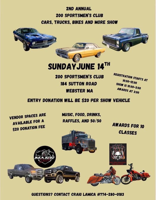 Flyer for 2nd Annual 200 Sportsmen’s Club Cars, Trucks, Bikes And More Show