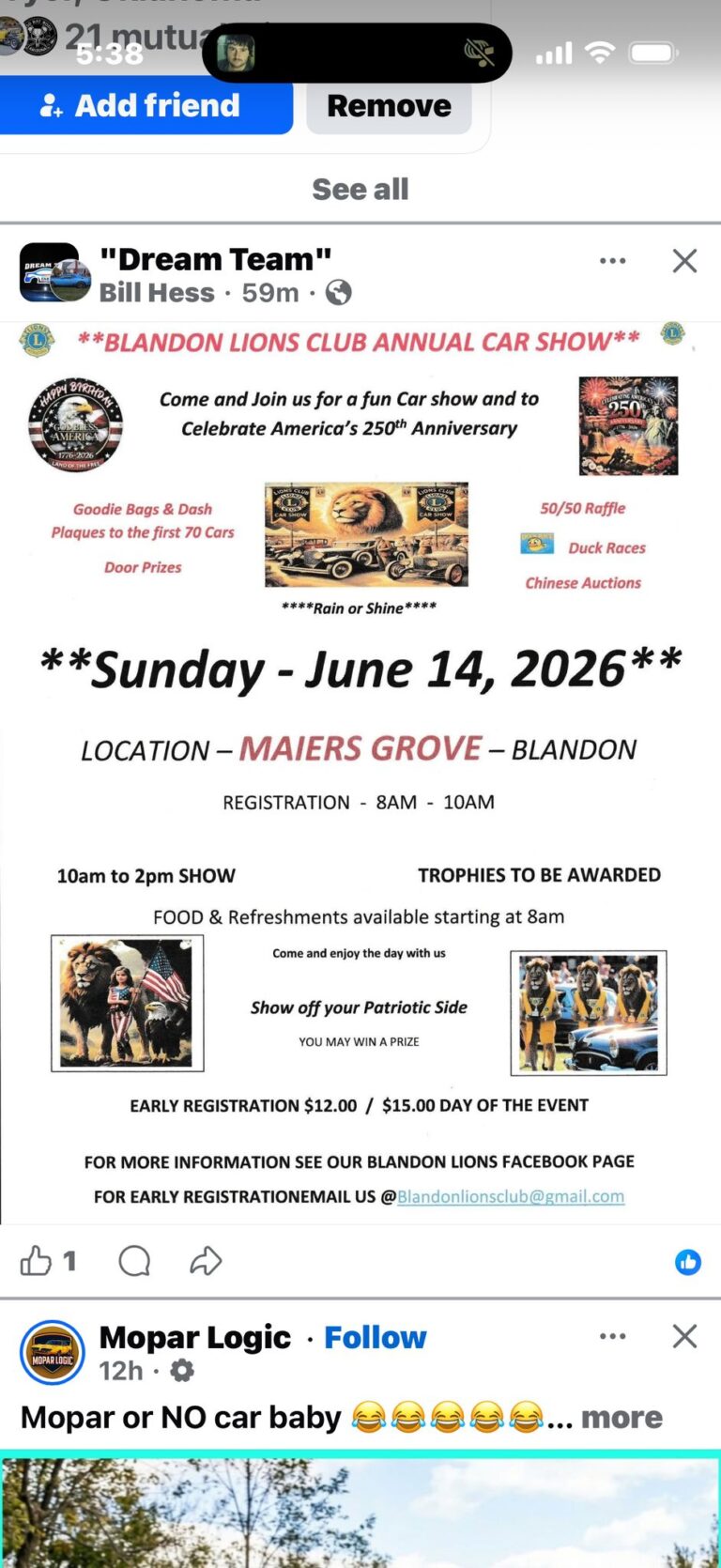 Flyer for Blandon Lions Club Annual Car Show