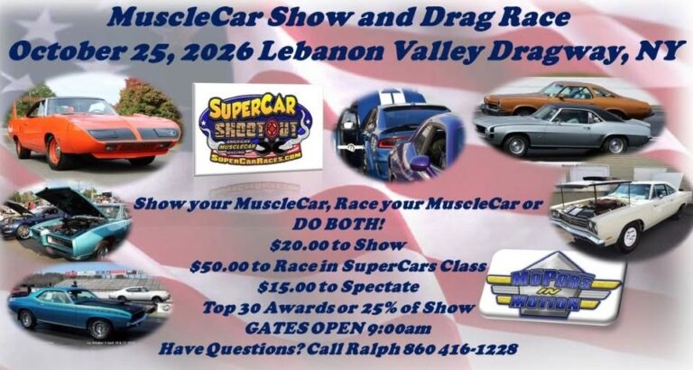 Flyer for SuperCar Races and Mopars Motion Annual MuscleCar Show & Go