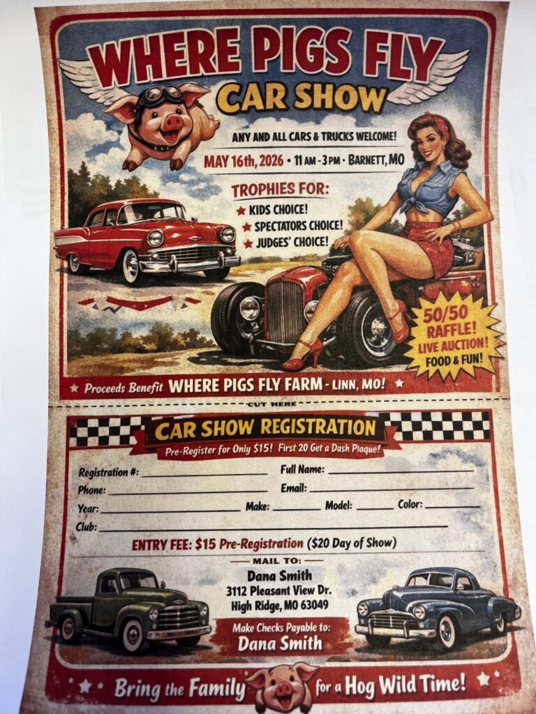 Flyer for 1st Annual Where Pigs Fly Farm Car Show