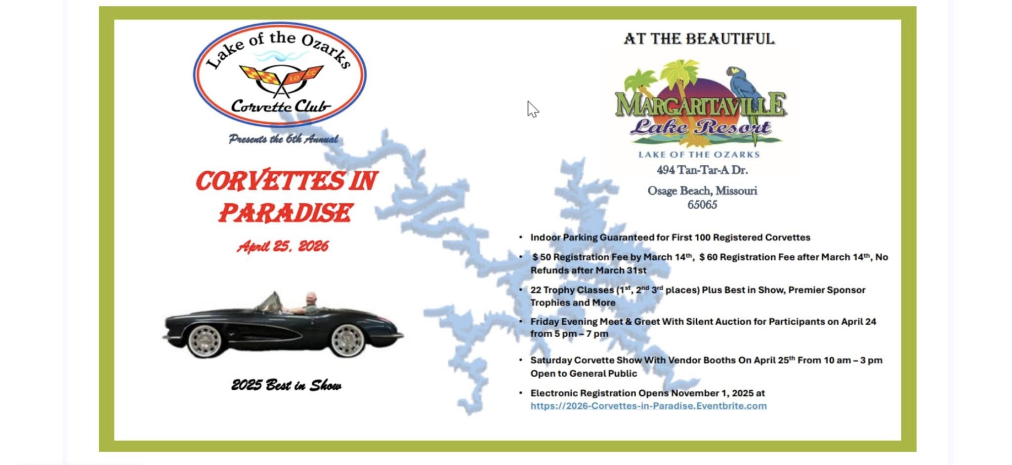 Corvettes In Paradise Car Show – Osage Beach, MO – 2026