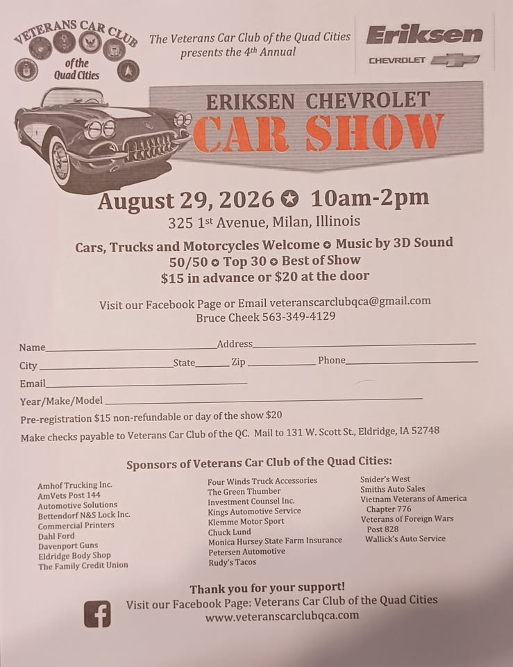 Flyer for Erickson Chevrolet Car Show Milan, IL