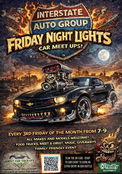 Flyer for Interstate Auto Group Friday Night Lights Car Meet Ups!