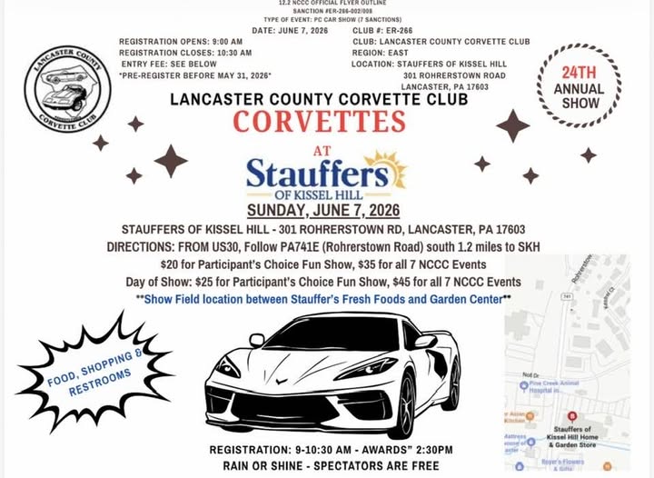Flyer for Lancaster County Corvette Club Corvettes At Stauffers