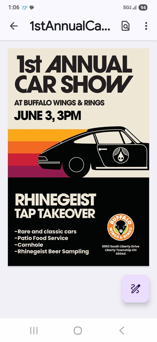 Flyer for 1st Annual Car Show At Buffalo Wings & Rings