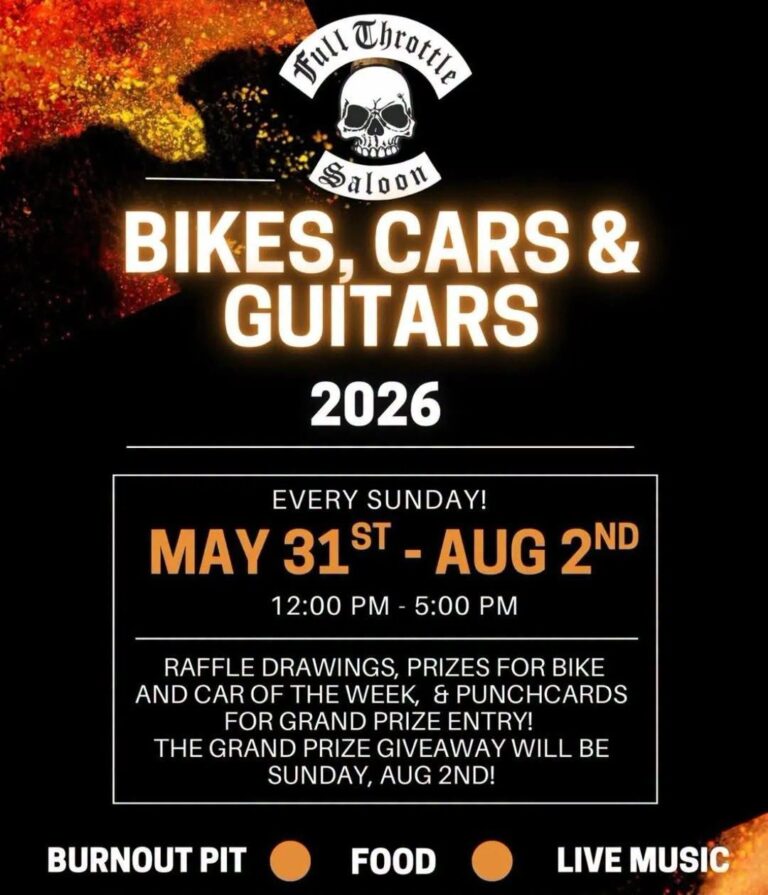 Flyer for Full Throttle Saloon Bikes, Cars & Guitars 2026