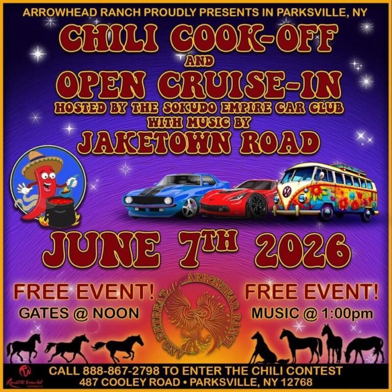 Flyer for Arrowhead Ranch Chili Cook-Off And Open Cruise-In Hosted By The Sokudo Empire Car Club With Music By Jaketown Road