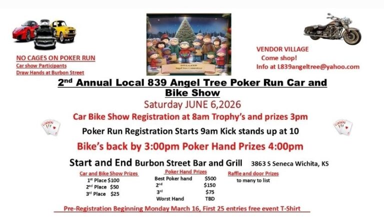 Flyer for 2nd Annual Local 839 Angel Tree Poker Run Car and Bike Show