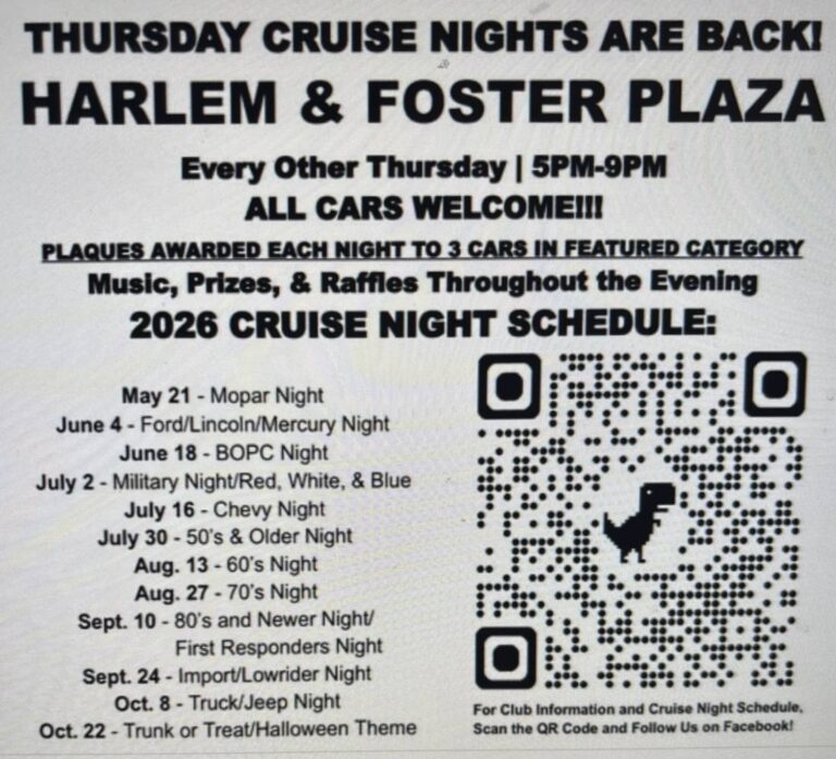 Flyer for Thursday Cruise Nights Are Back! Harlem & Foster Plaza