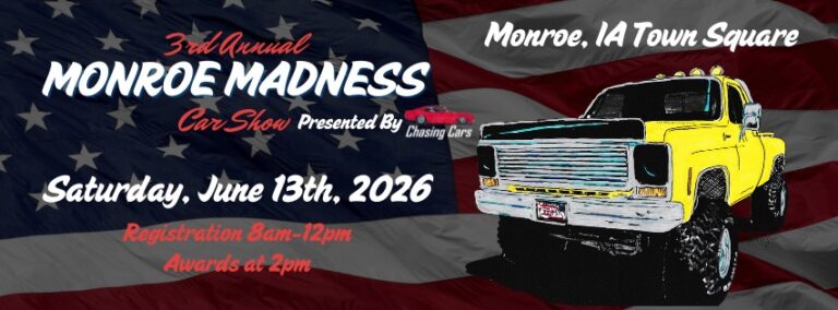 Flyer for 3rd Annual Monroe Madness Car Show Presented By Chasing Cars