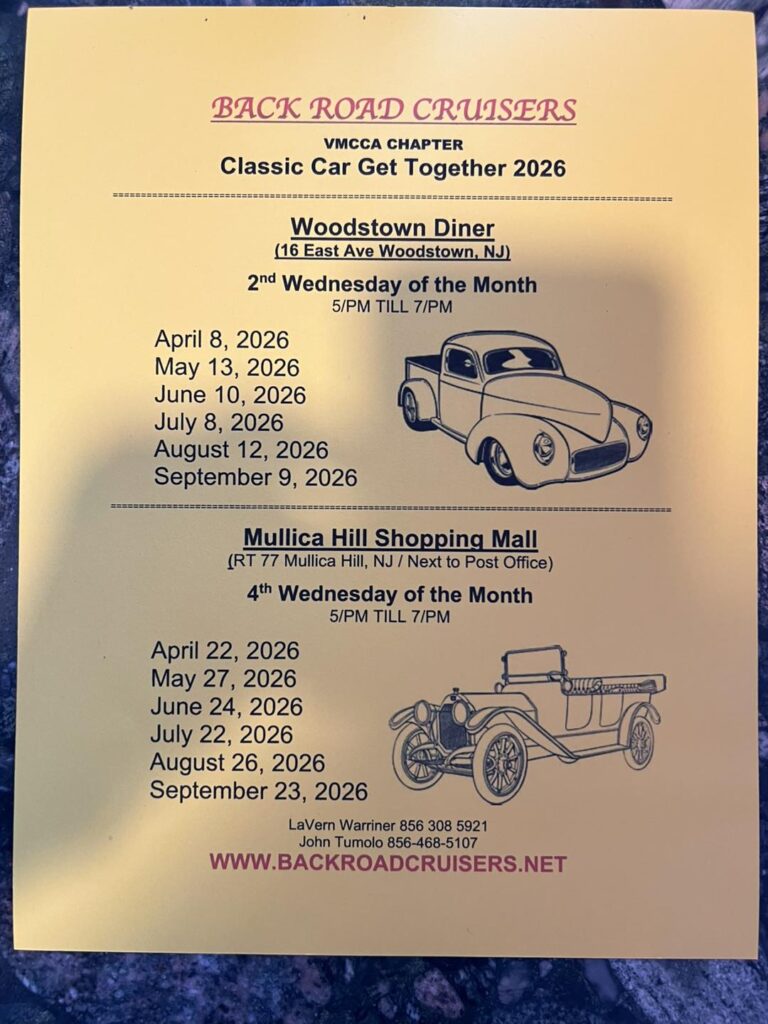 Flyer for Backroad Cruisers Classic Car Get Together 2026 – Woodstown Diner
