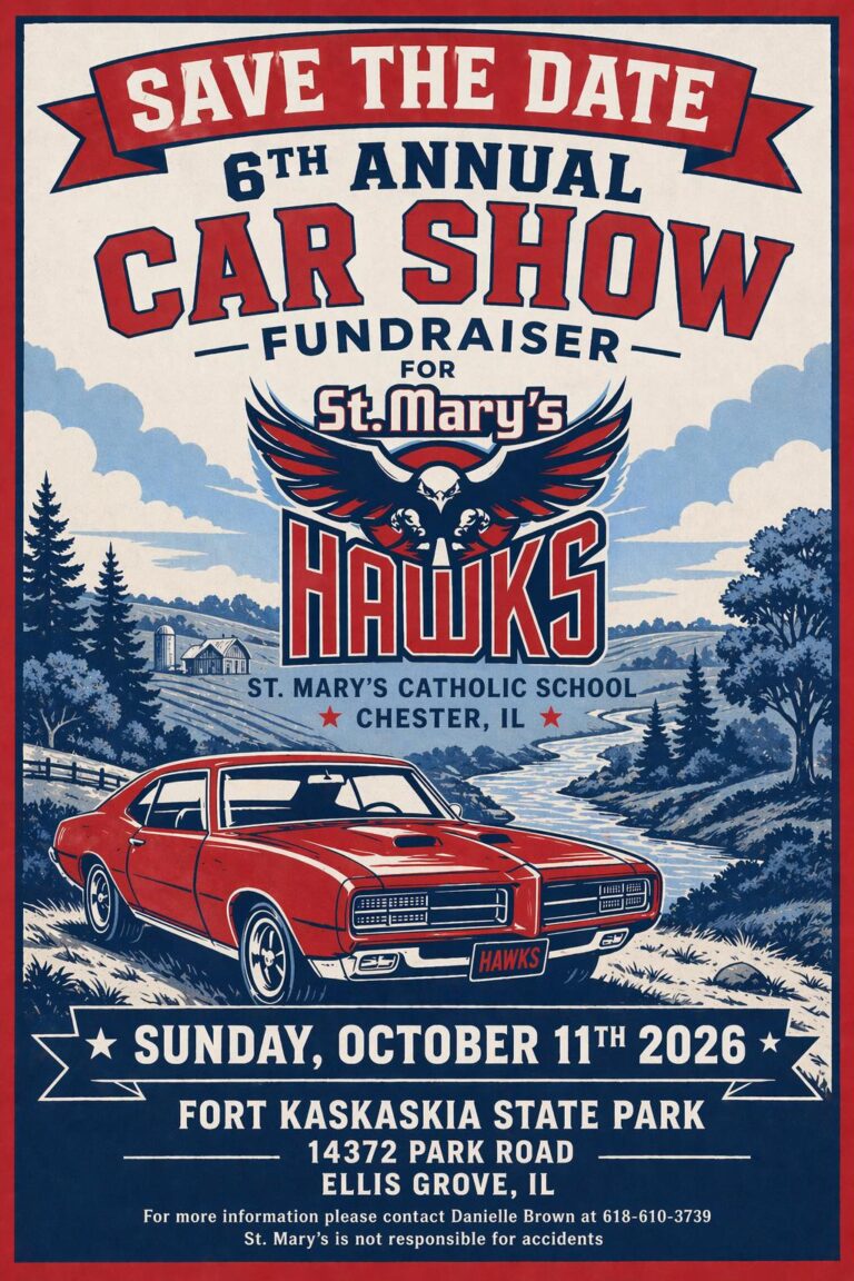 Flyer for 6th Annual Car Show Fundraiser For St. Mary’s Hawks