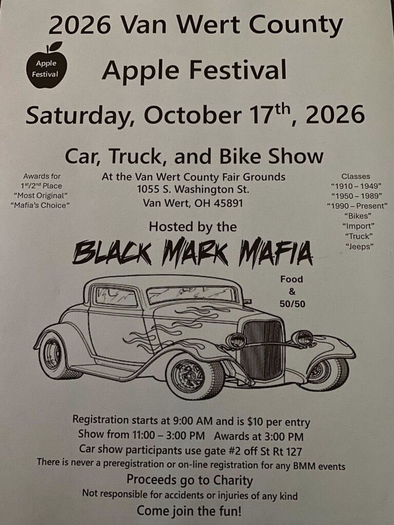 Flyer for 2026 Van Wert County Apple Festival Car, Truck, and Bike Show