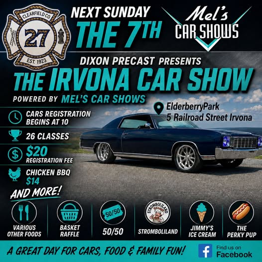 Flyer for Irvona Fire Company Car Show