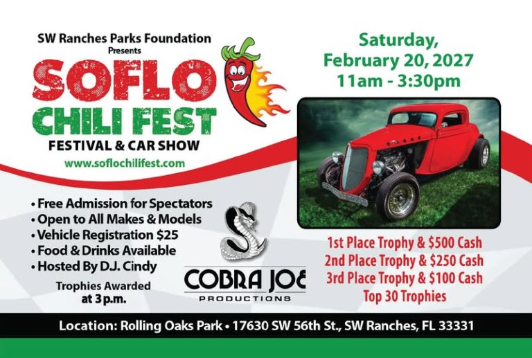 Flyer for Sw Ranches Parks Foundation Presents Soflo Chili Fest Festival & Car Show