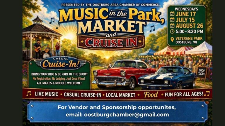 Flyer for Music in the Park, market, and Cruise-In